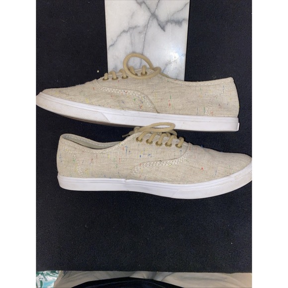 VANS M 5.5 W 7.0 Casual Lace Up Skate Shoes Sneakers Tan‎ Speck Canvas TB4R - Picture 6 of 9